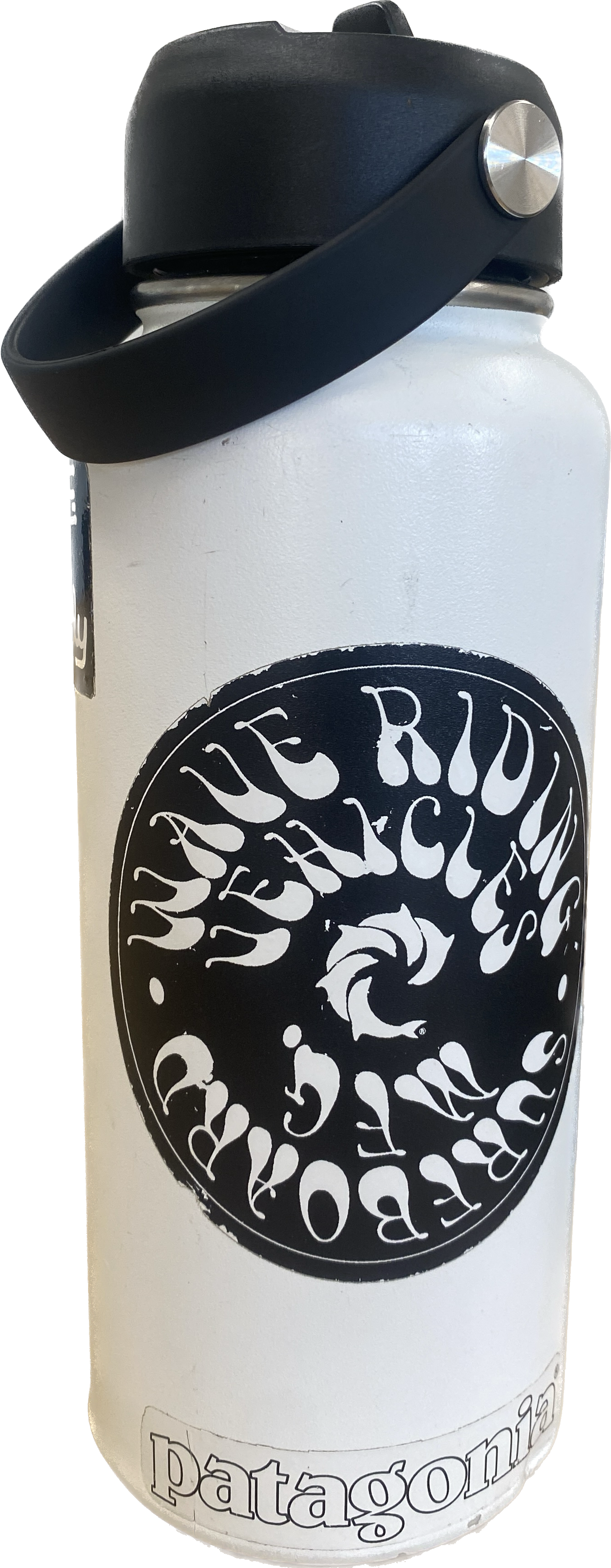 white water bottle with black and white stickers