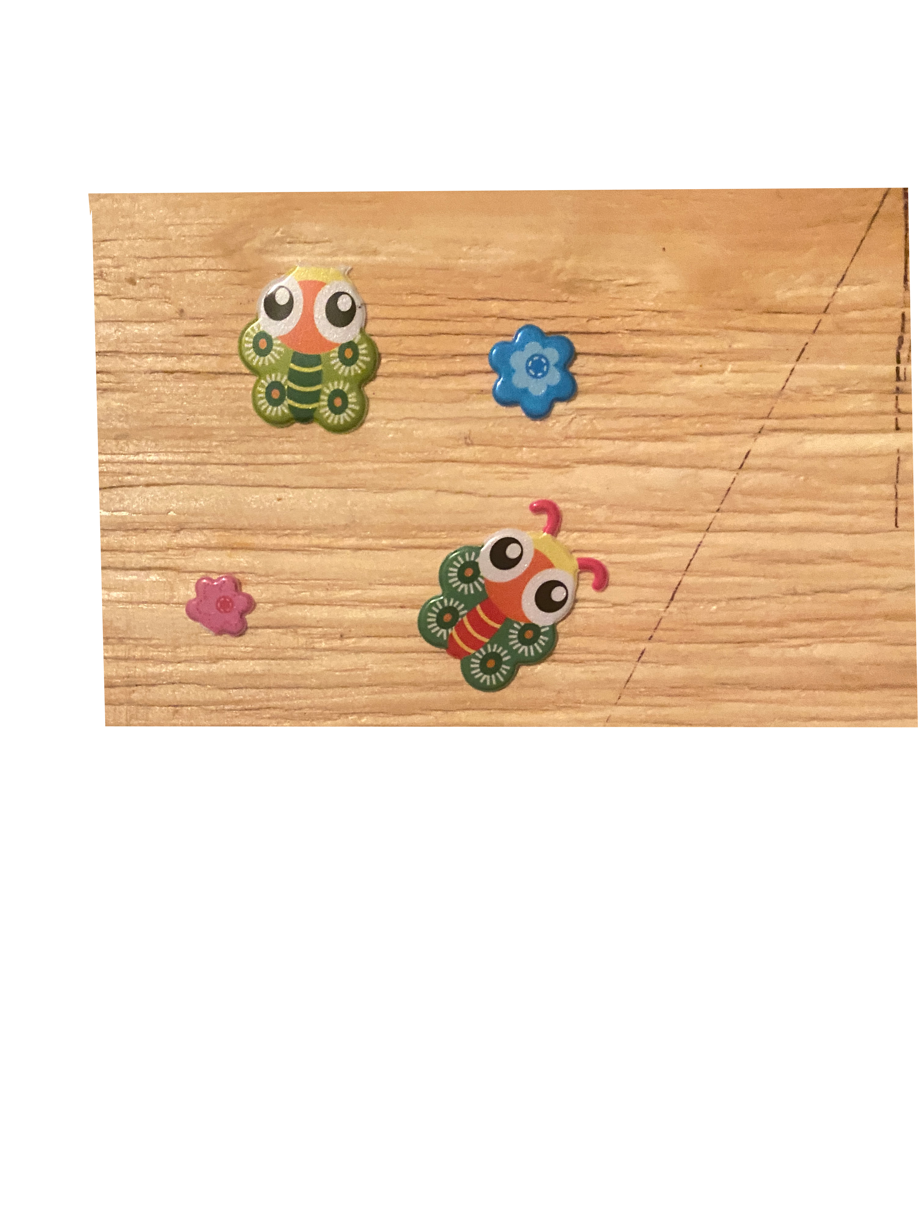 light wood and colorful bug and flower stickers